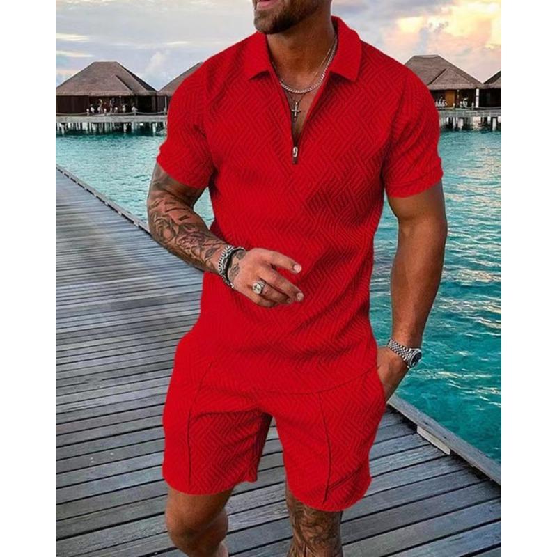 Men Casual Printed Turn Down Collar Short Sleeve Polo Shirt And Shorts Set