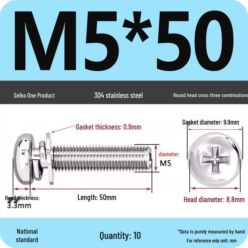 304 Stainless Steel Phillips Round Head Screw with Flat Washer M3/M4/M5/M6