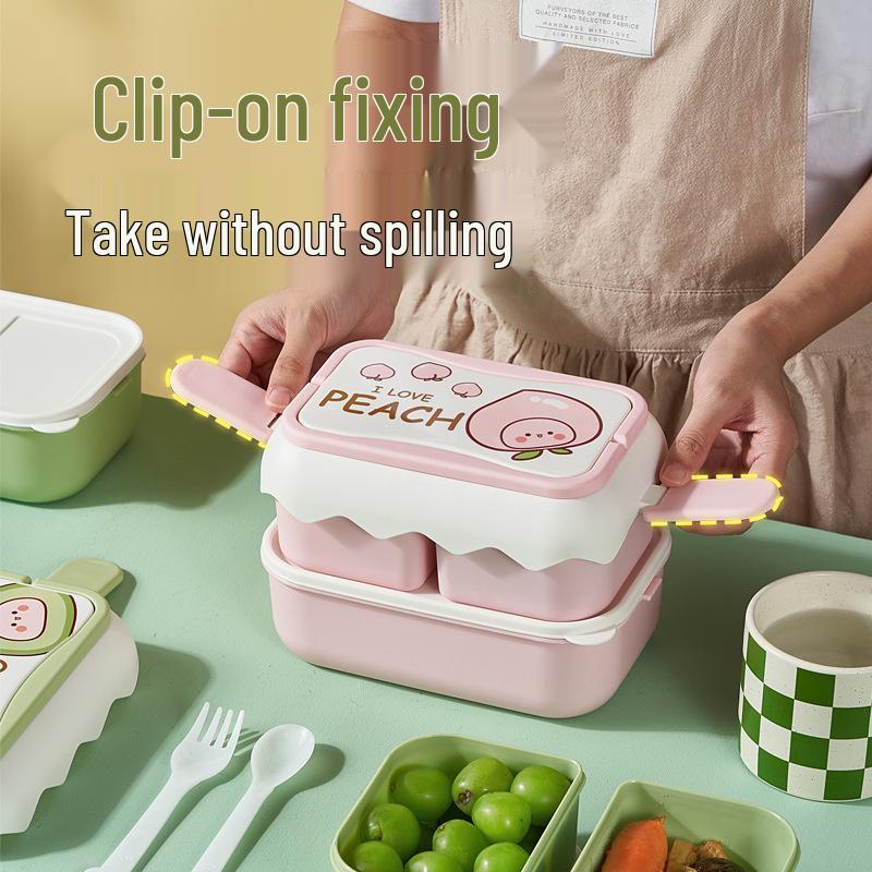 Double-Layer Cute Plastic Bento Box with Cutlery - Divided Compartments for Kids, Students, and Office Use, Microwave Safe