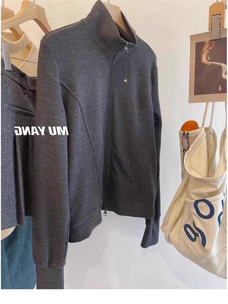 2025 Autumn/Winter Korean Style Zipper Stand Collar Velvet Sweatshirt Women's Casual Long Sleeve Cardigan Jacket