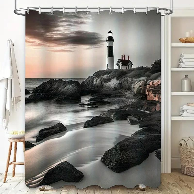 Moderne Badezimmer-Duschvorhang mit Leuchtturm-Design Wasserdichtes Gewebe für Heimdekoration 3D-Druck Anpassbare Größe (Schwarz Weiß