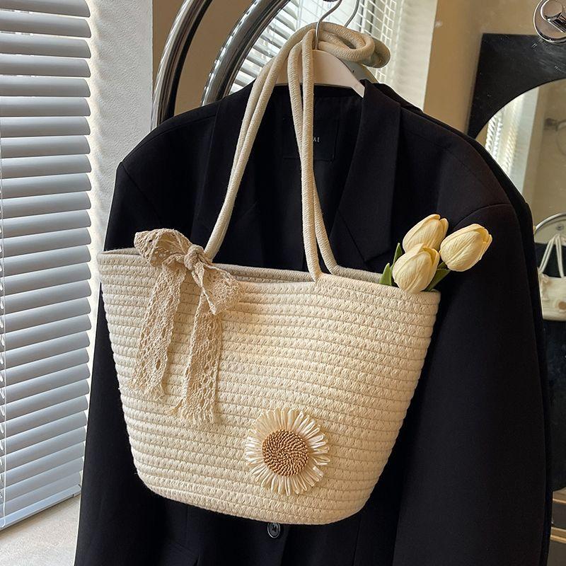 

Women s Large-Capacity Woven Ins Bucket Bag White flower + ribbon scarf