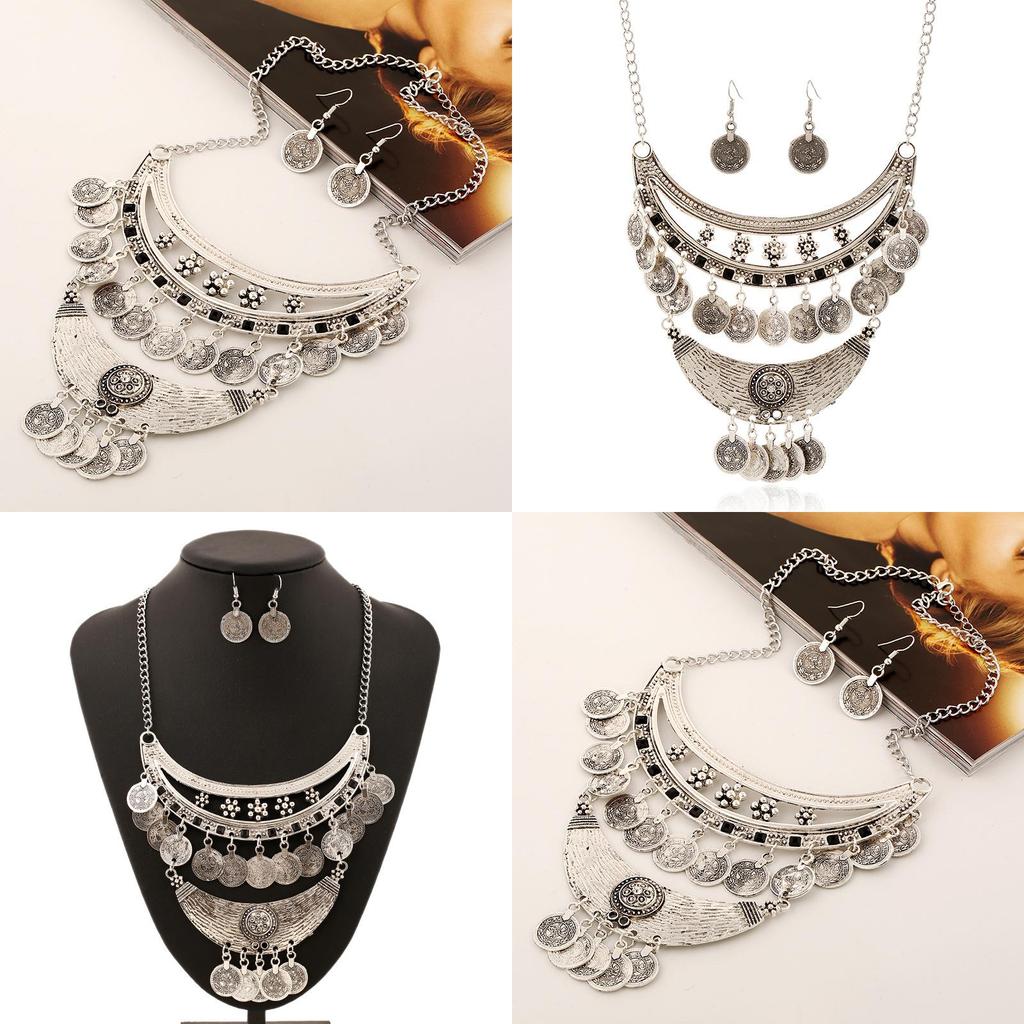 Coin Vintage Carved Tassel Necklace With Alloy Material And Layered Design Chain