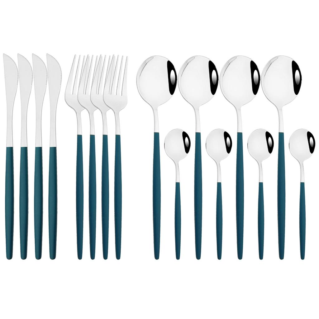 Luxury 16Pcs Black Silver Cutlery Set Knife Fork Tea Spoon Dinnerware Set Stainless Steel Flatware Western Kitchen Tableware Set
