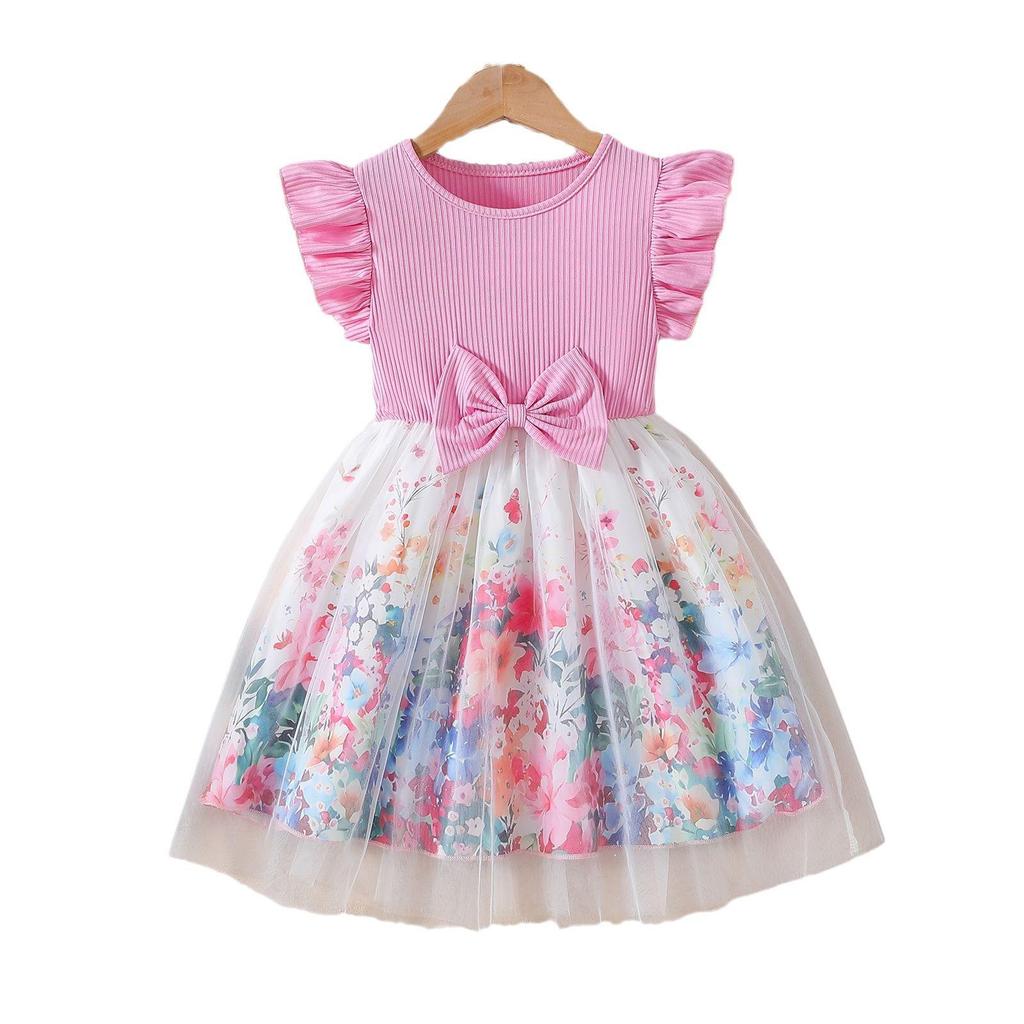 Girls' Summer Cap Sleeve Mesh Princess Dress with Waist Bow
