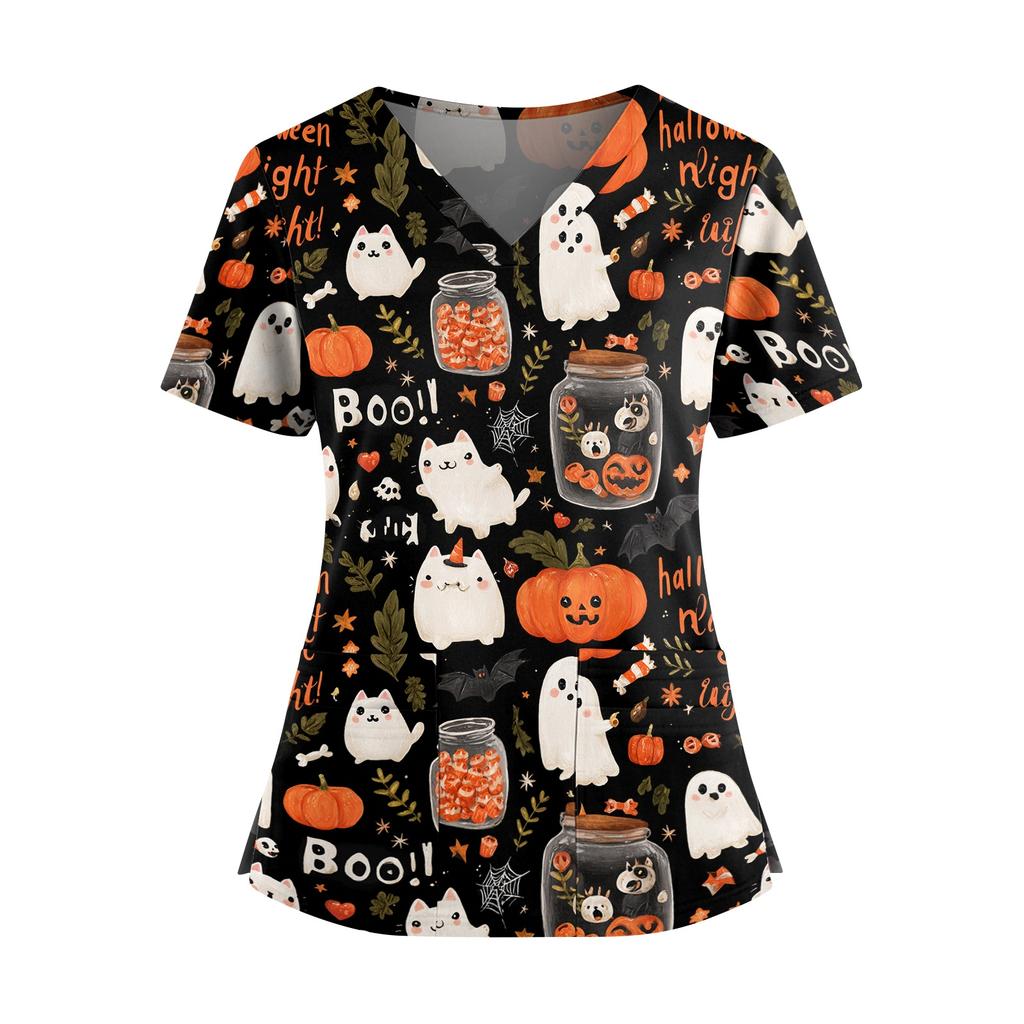Women V Neck Short Sleeve Split Hem Halloween Print Scrub Top with Dual Pockets for Nurse and Caregiver Uniform