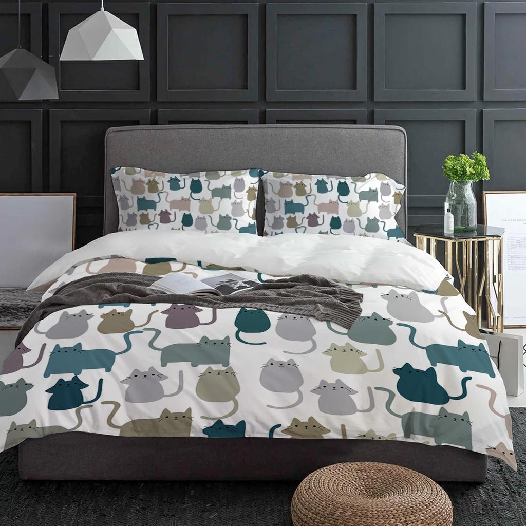 Kawaii Colorful Cat White Duvet Cover Bed Bedding Set Home Textile Quilt Cover Pillowcases Bedroom Double Bedding Set No Sheet