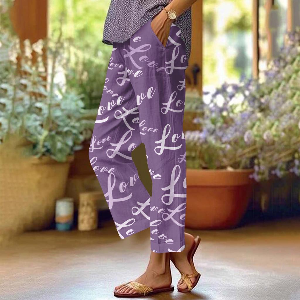 Damenhose aus Baumwollleinen, bedruckt, Sommerhose mit weitem Bein, lässig, locker, Kordelzug, hohe Taille, Palazzo-Hose mit Taschen