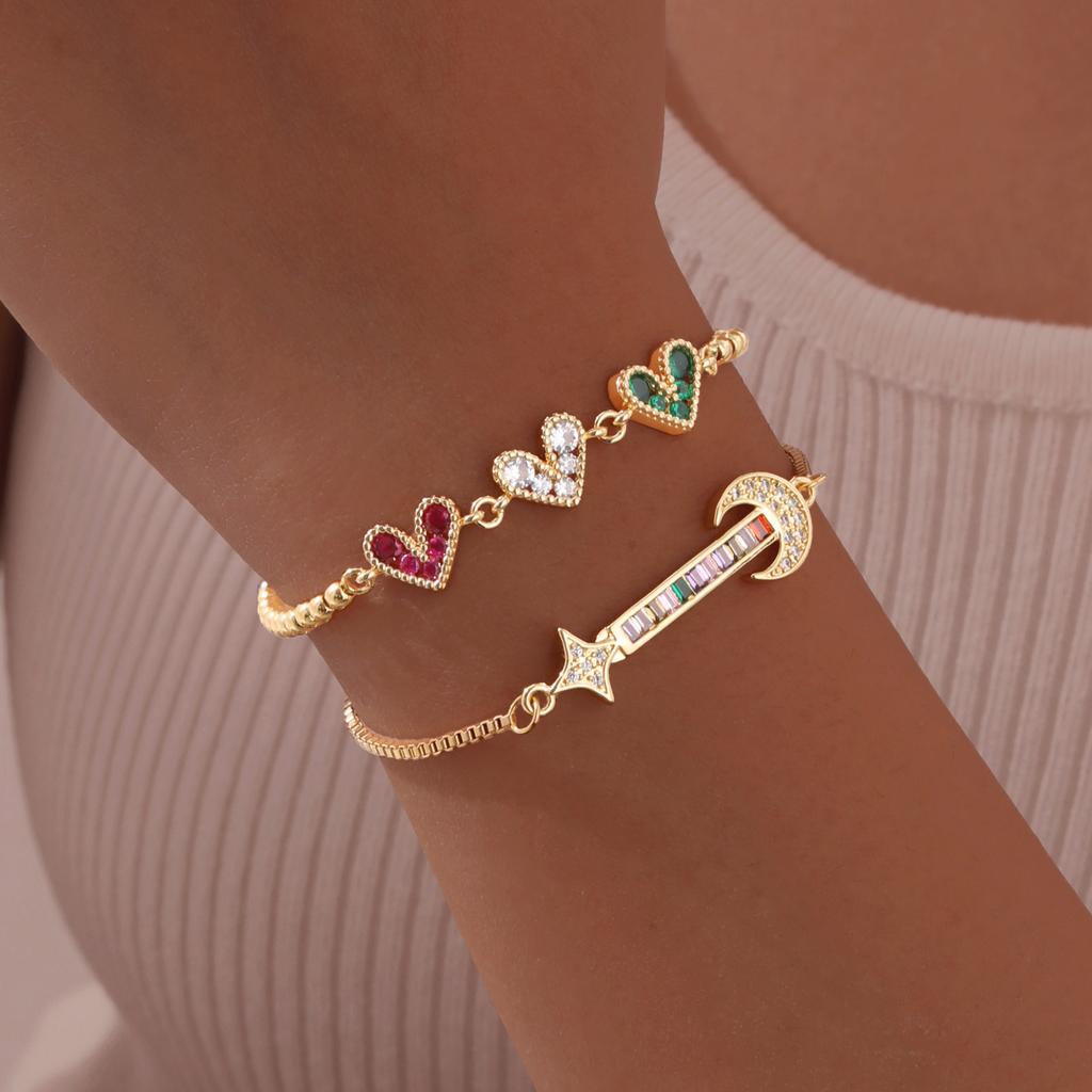 Colored Zircon Stone Heart Women's Bracelet Moon Star Adjustable Box Chain Wristband Jewelry Gift For Girlfriend Valentine's Day
