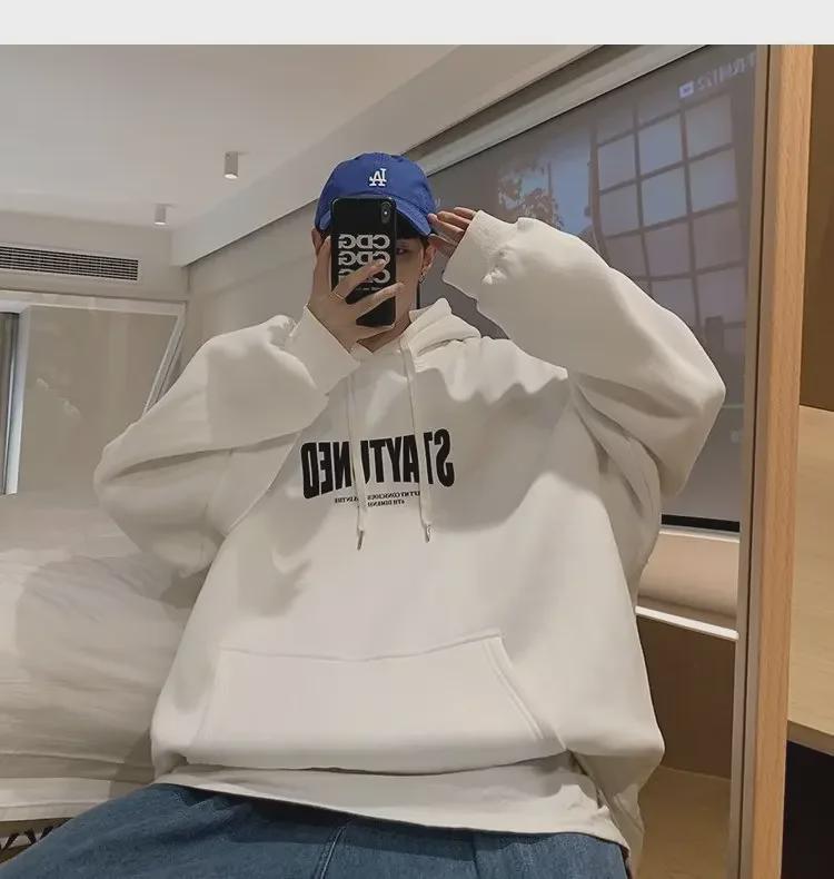 Men's Trendy American Letter Print Hoodies - Autumn/Winter Hong Kong Style, Large Size Youth Pullover Jacket