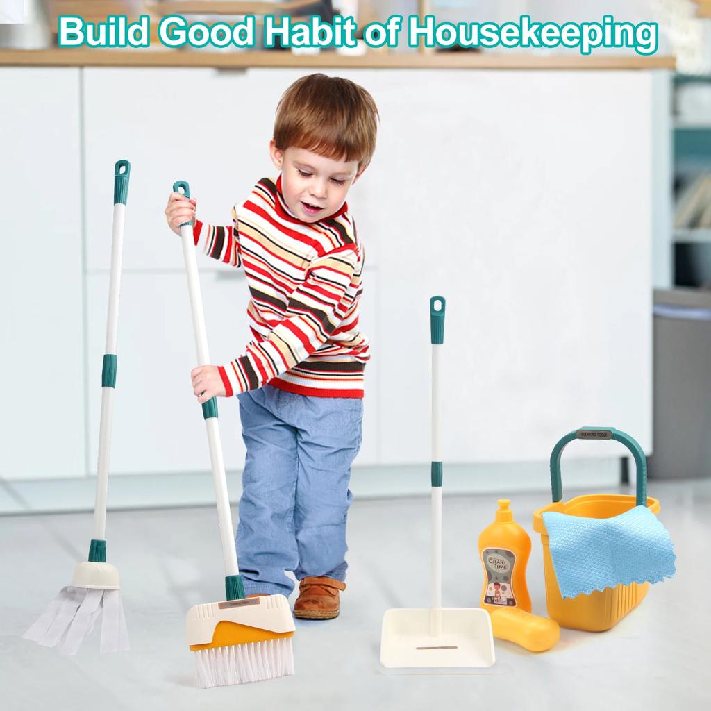12Pcs/Set Kids Housework Supplies Kit Cleaning Set With Dustpan Broom Bucket Mop Cleaning Set Play House Toys For Boys & Girls