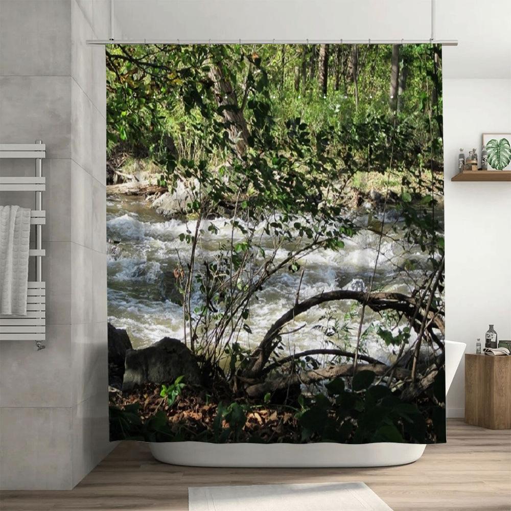 Nature-Inspired Bathroom Decor: Waterproof Fabric Shower Curtain Featuring Riverbank Landscape for Home Decoration Greenery Prin