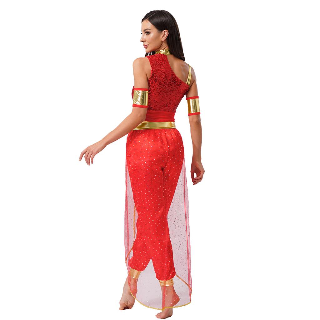 Womens Arab Princess Costume Belly Dance Design Gem Decor Contrast Color Shiny Tulle Overlay Jumpsuit