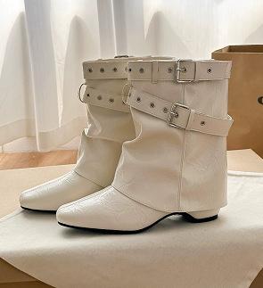 Short Boots Women's Boots Pants Tube Short Cowboy Boots Thick Heel Inner Height Increasing Knight Boots Vintage Ladme Pointed Belt Buckle