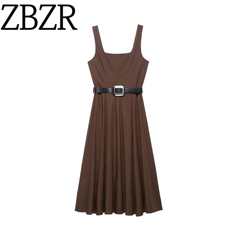 Zbzr Spring New Women clothes Western Style With Belt A- Shaped Lower Midi Dress 5029167 700