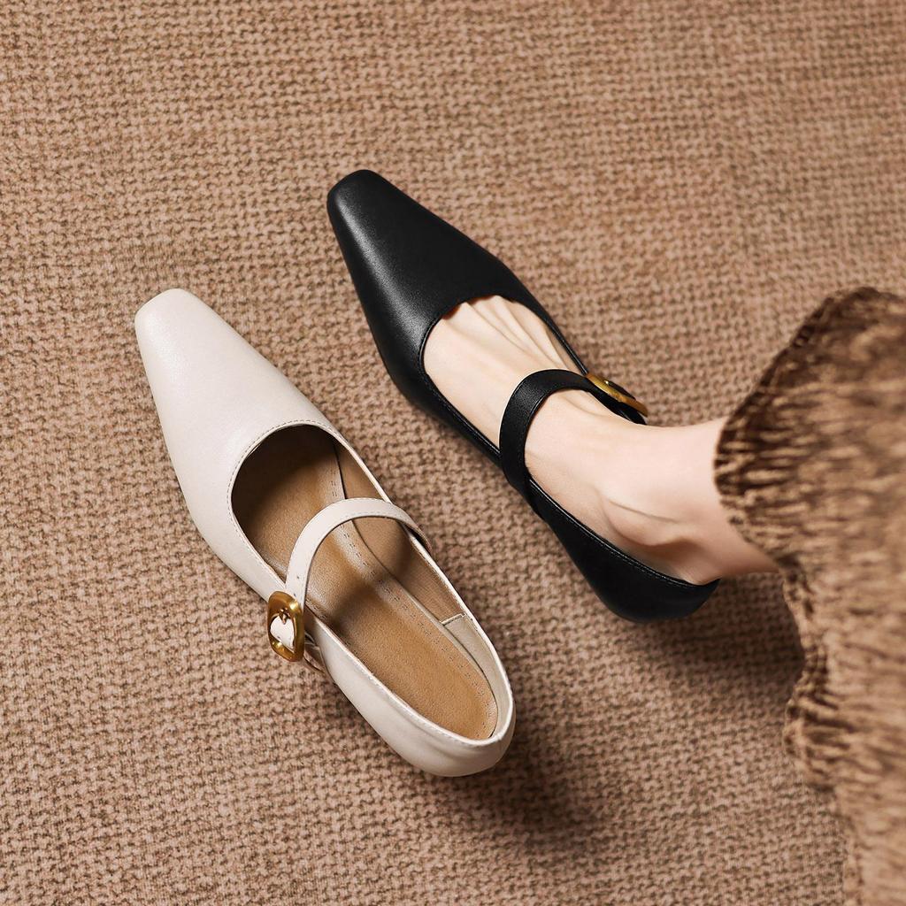 Krazing Pot Microfiber Square Toe Thick Med Heels Spring Summer Shoes Big Size 43 Metal Buckle Beauty Women Shallow Pumps