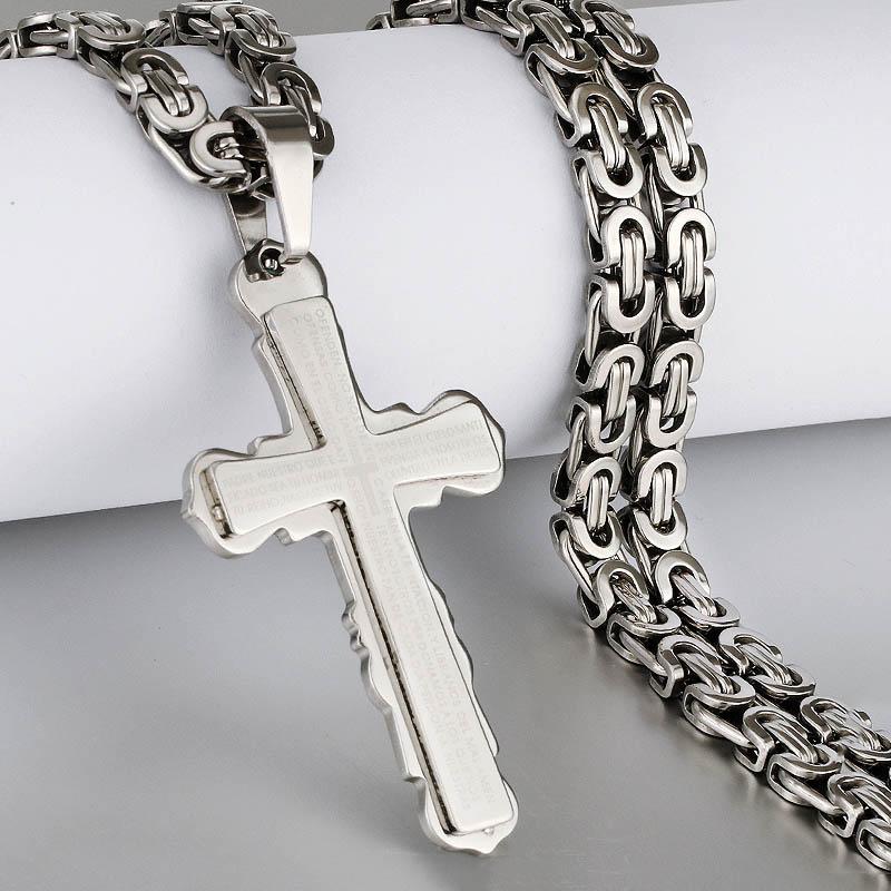 Catholic Spanish Bible Cross Pendants Necklace Stainless Steel Byzantine Link Chain Necklaces Bible Prayer Male Jewelry Gift