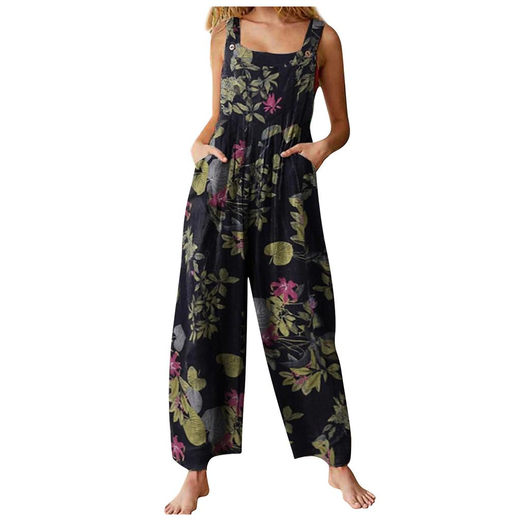 Women's Fashion  Floral Printed Pocket Button Camisole Jumpsuit