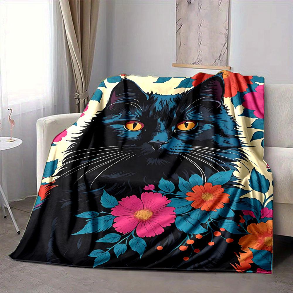 1pc Black Cat Print Soft & Warm Polyester Knit Blanket, Digital Printed, All-Season Throw for Napping, Traveling, Sofa yy250906021