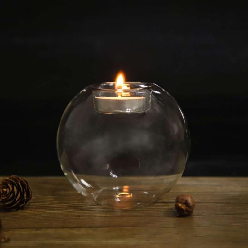 Round Glass Candle Holder Transparent Candlestick Ornaments Home Bar Decorations