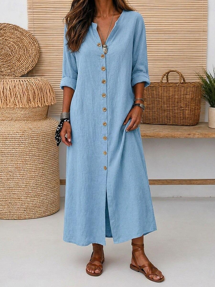 Women V Neck Button Down Maxi Dress Casual Long Sleeve Placket Front Slit Dresses S