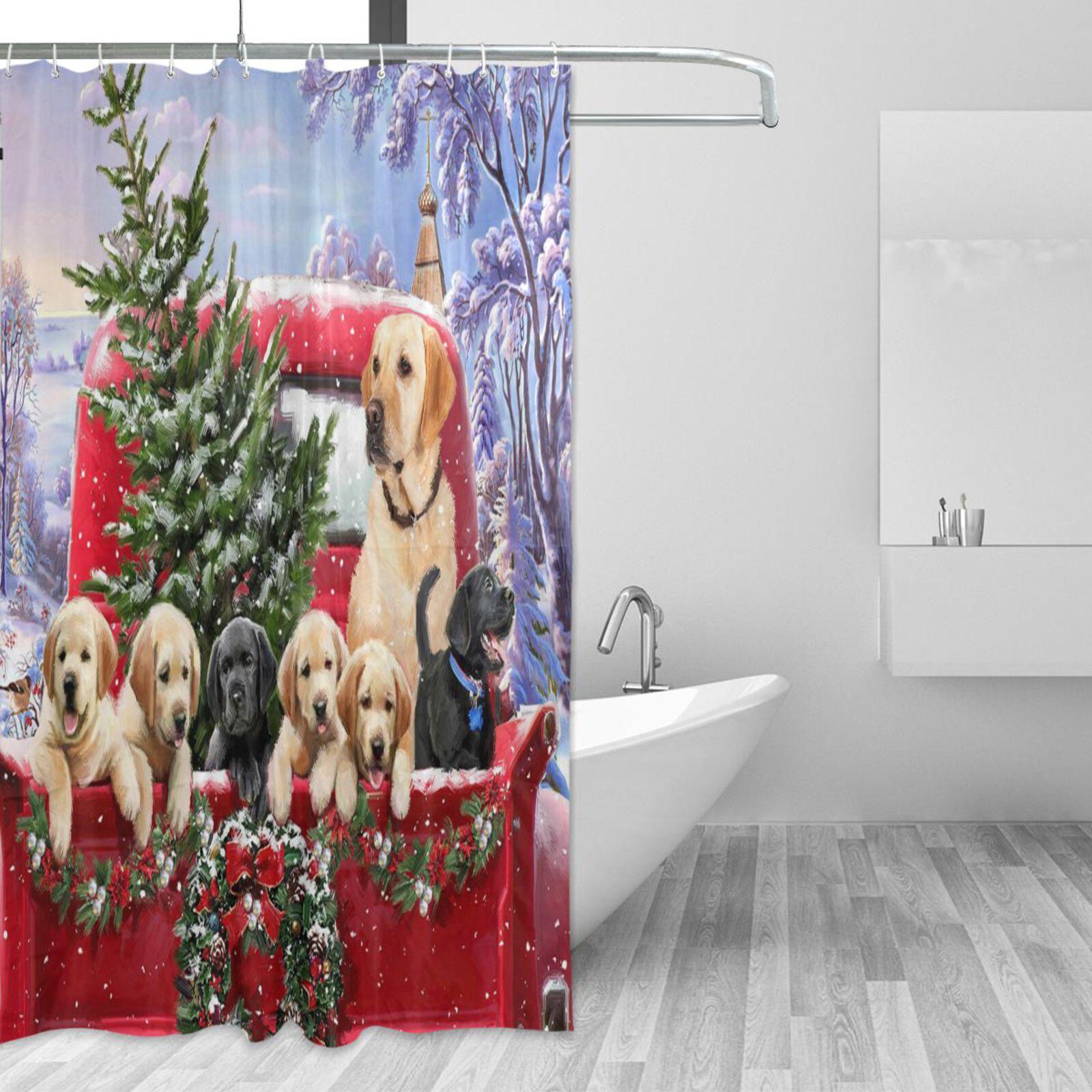 

Christmas Tree Red Truck And Dogs Shower Curtain Waterproof Mildew Proof Bath Curtain With 12 Hooks Bathroom Curtain Home Decor W60H190(CM)-1 Pcs