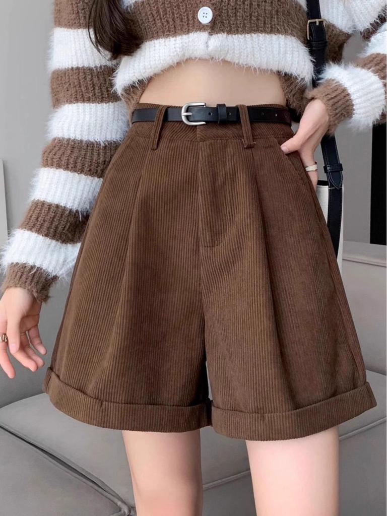 High-Waisted Corduroy A-Line Bootcut Shorts for Women - Coffee Color, Casual Autumn/Winter Wear