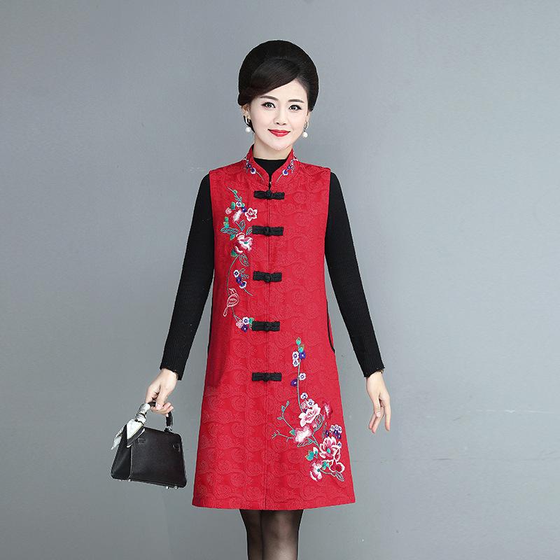 Women's Ethnic Embroidered Fleece Vest - Mid-length, Sleeveless Tang Suit for Spring & Autumn