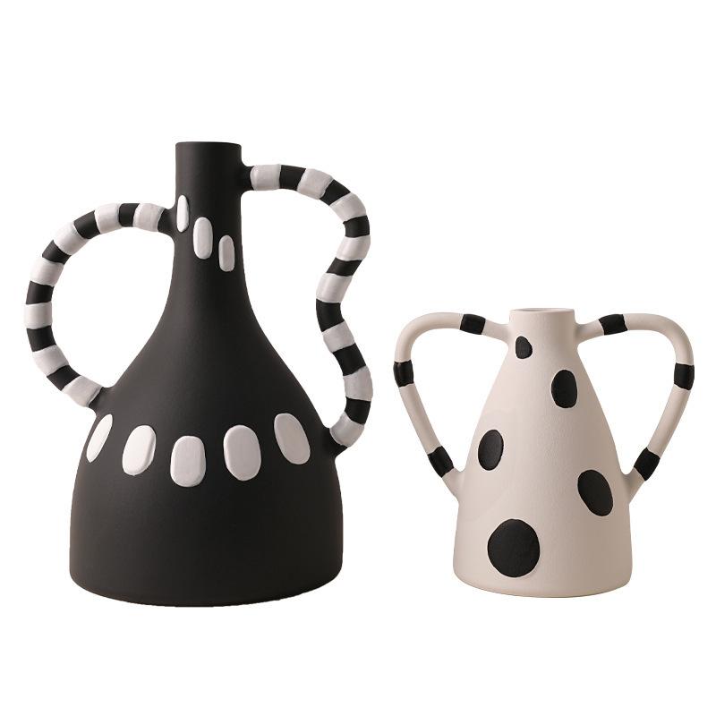 Ceramic Vase Black and White Dots Flower Vase Geometric Stripes Abstract Handle Flower Arrangement Pot Home Decoration