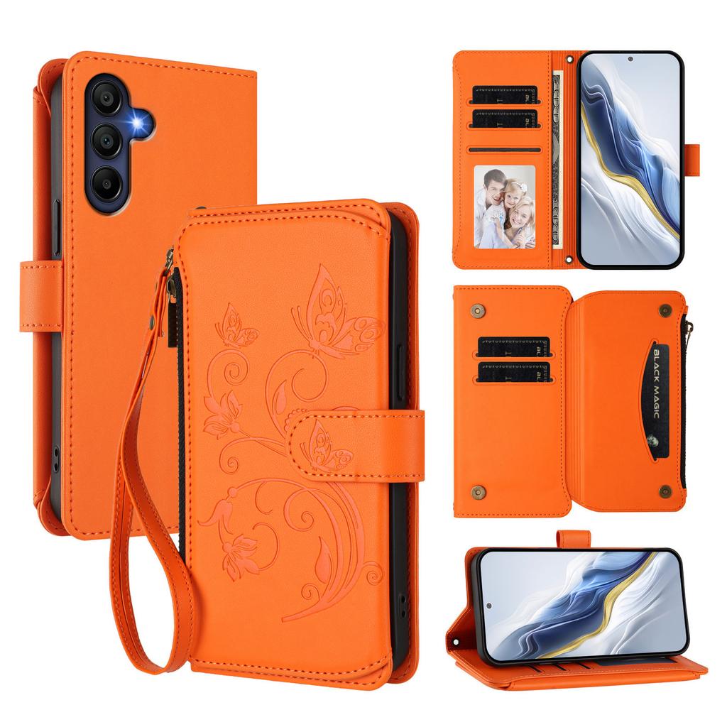 For Samsung Galaxy A16 4G/Galaxy A16 5G Leather Case Butterfly Floral Imprint Zipper Wallet Stand Cover with Wrist Strap