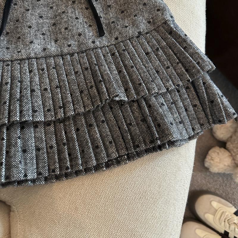 Korean Grey Polka Dot Woolen High-Waisted Mini Skirt with Bow Knot