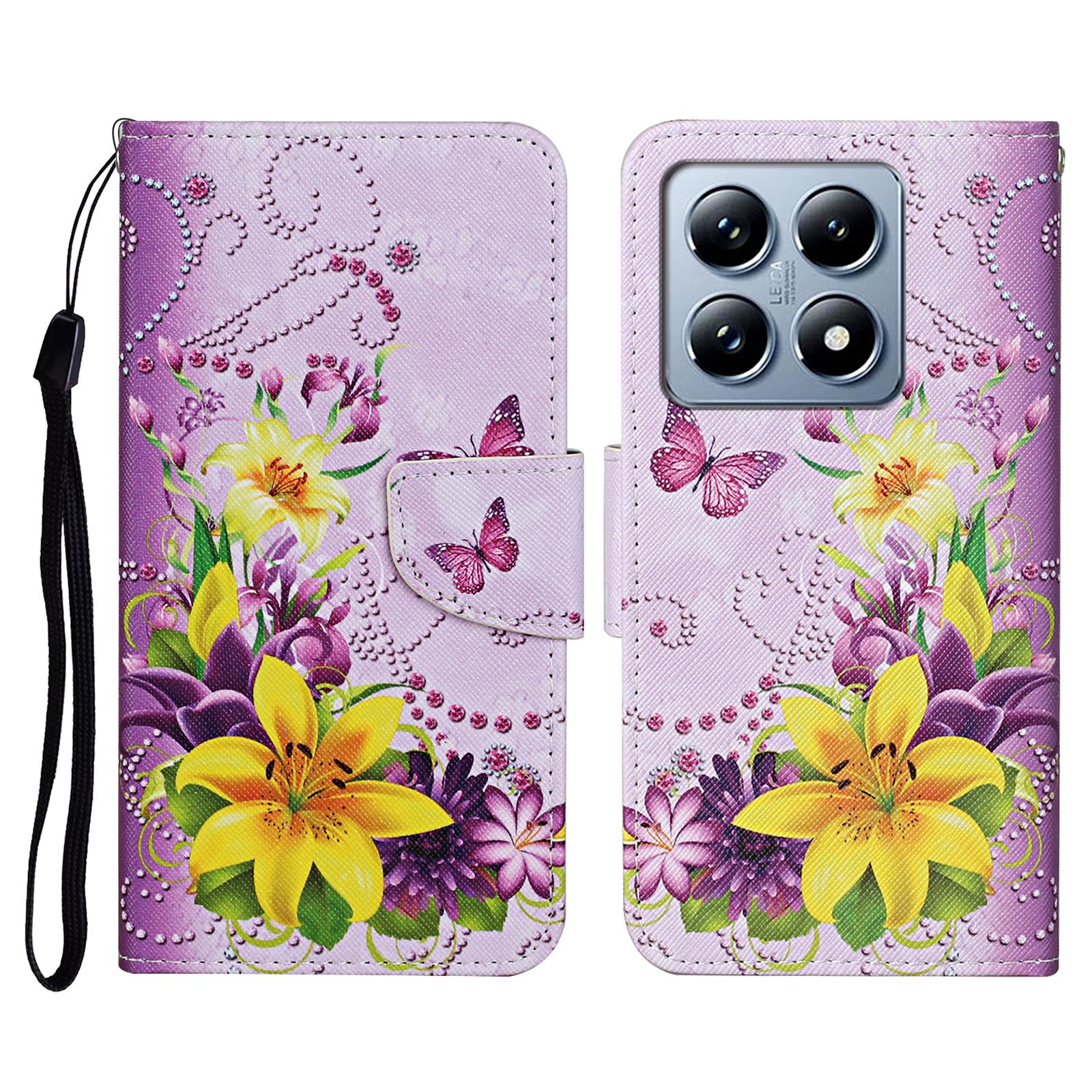 

For Xiaomi 14T Case Pattern Printing Protective Leather Folio Phone Cover Yellow Butterfly