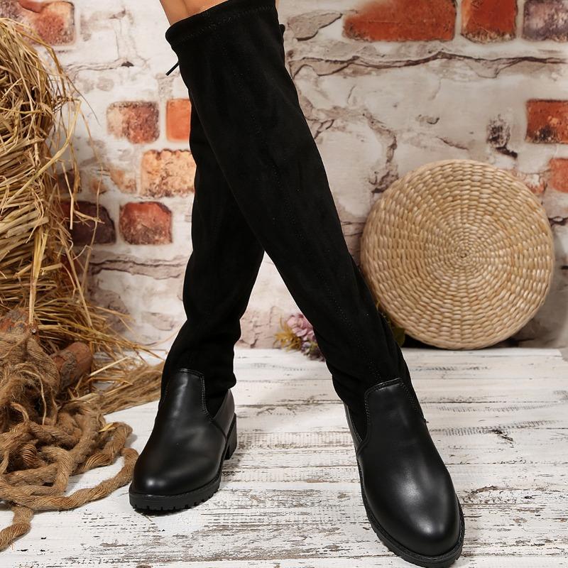 Plus Size Over The Knee Tall Boots Fall New Round Toe Paneled Suede Lace-Up Rear Soft Slip Boots