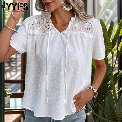 Kadın Modası Günlük Yaz Bahar Polka Dot Desen Kısa Kollu V Yaka Bluzlar ve Gömlekler