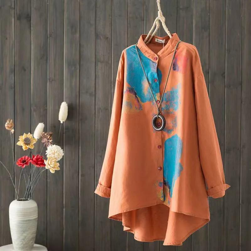 WoMan's Spring and Summer Stand-up Collar Printed Blouse Loose Mid-length Long-sleeved Shirt