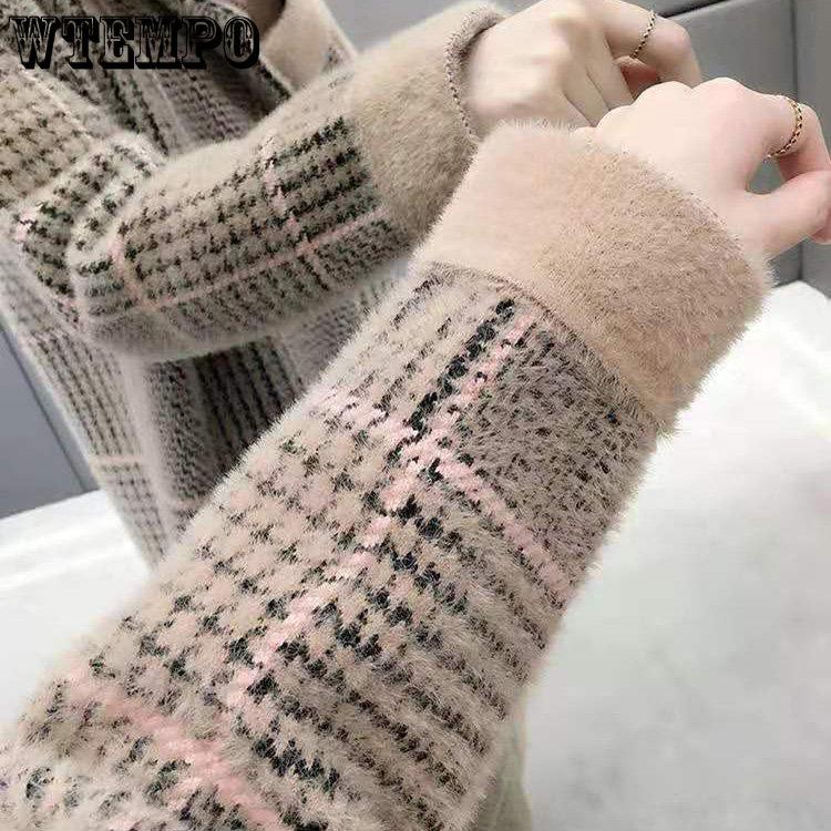 Damen-Nerzimitat-Samtjacke im langen Absatz, Windjacke, lockerer, karierter doppelseitiger Mantel für Herbst und Winter