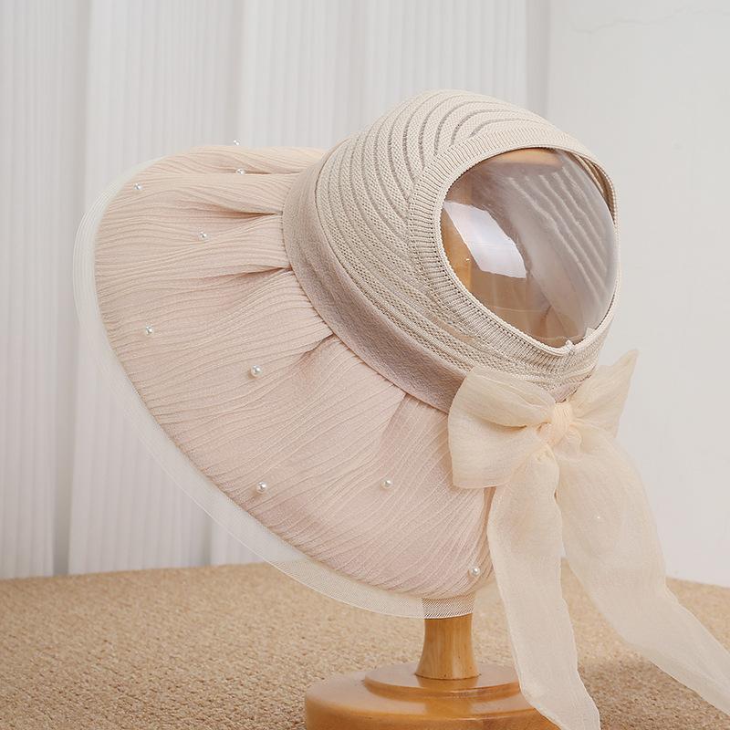 New splicing bow pearl empty top hat women's spring and summer mesh sunscreen hat big brim sweet sunshade sun hat