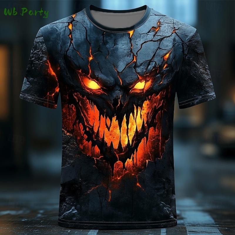 Men's Halloween Sports T-shirt 3D Neutral Skull Print Round Neck Short Sleeved Casual, Comfortable and Fashionable Top