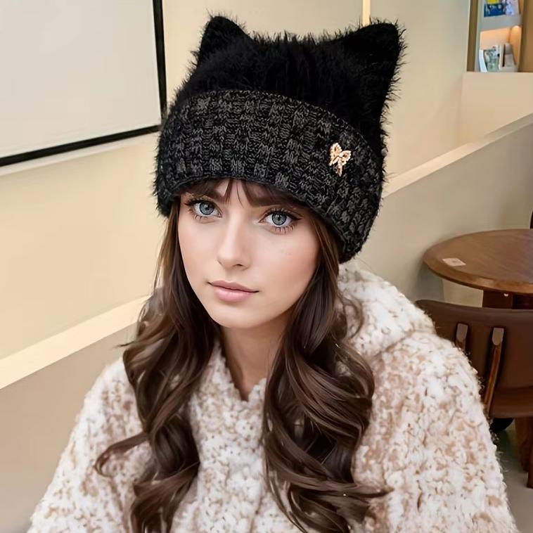 Women's Winter Hat with Cat Ears & Butterfly Brooch -Stretchy Foldable Beanie Soft Warm Ear Protection Hand Wash Only Winter Hat