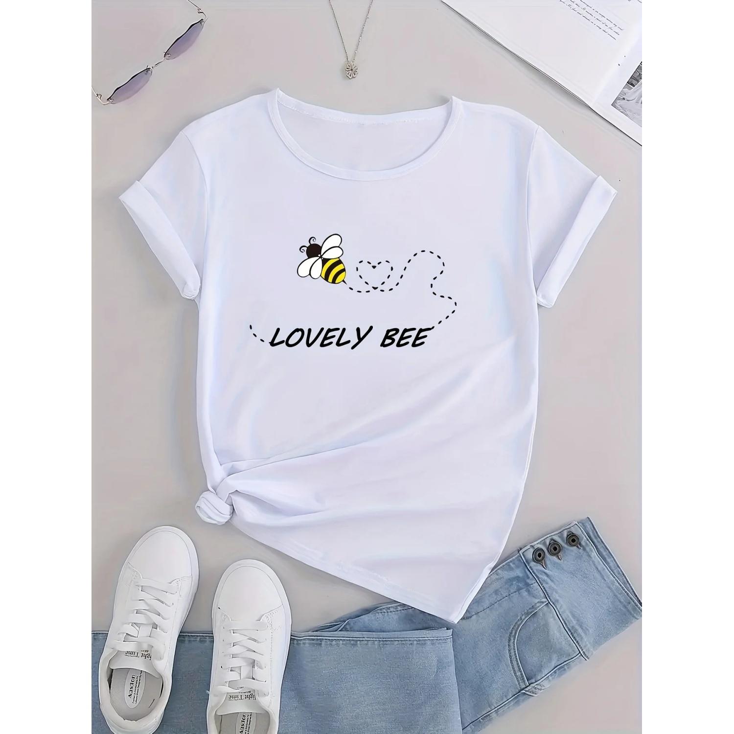 

Cute Bee & Letter Print Casual T-Shirt, Round Neck Short Sleeves Soft Sporty Tee, Women s Clothing XXXXXL білий