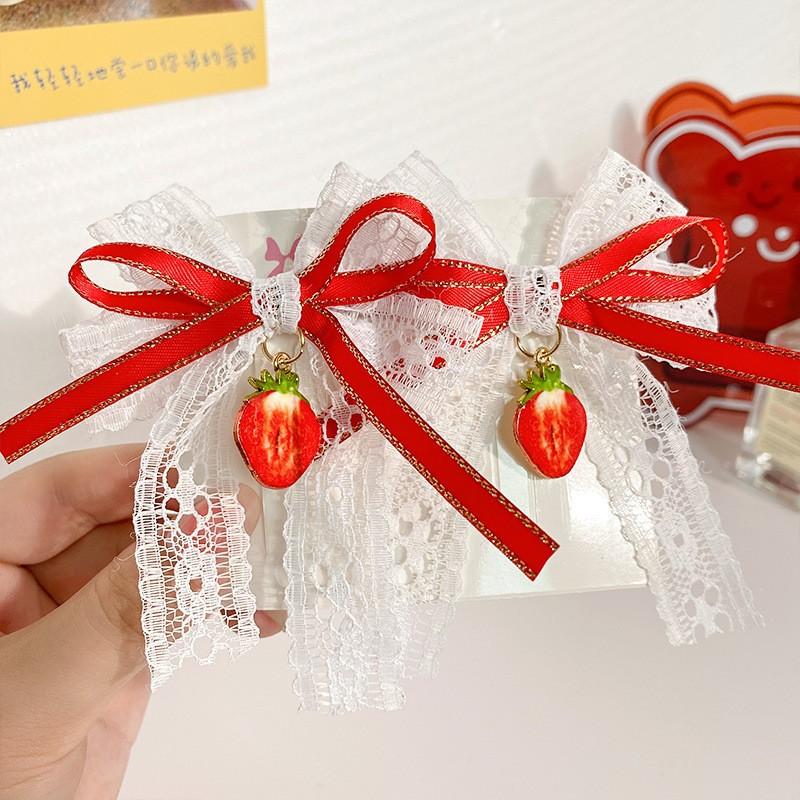 

New Sweet Red Strawberry Bow Hairclips for Woman Headwear Vintage Lace Red Bowknot Hairpin Barrettes Korean Hair Accessories