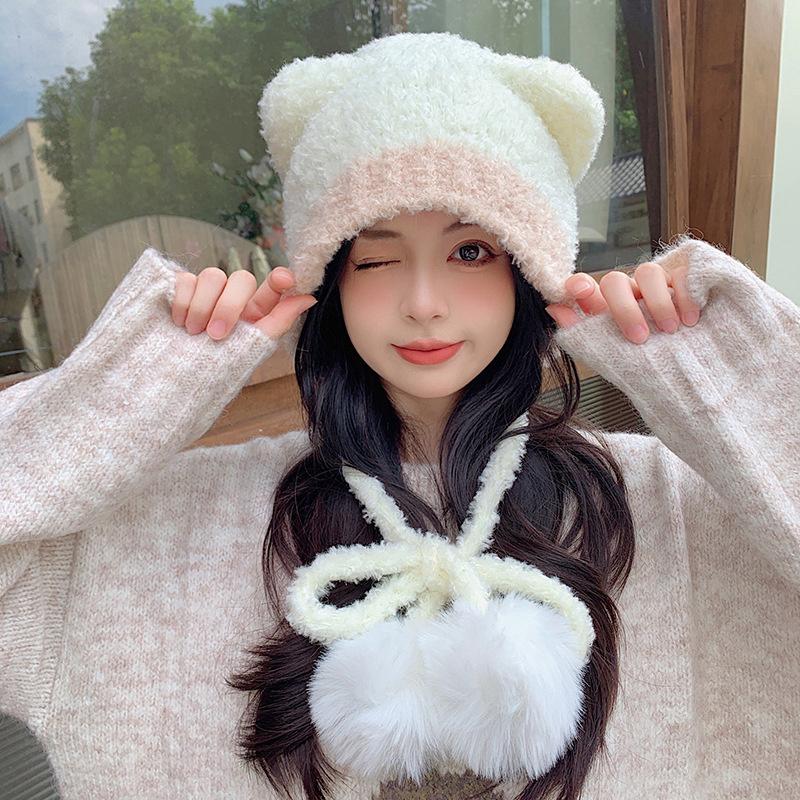 Velvet Bear Ears Strap Pullover Cap Women'S Winter Warm Ear Protection Knitted Warm Bomber Hat