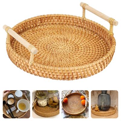 Dinner Serving Tray Breakfast Bread Food Plate With Handle Handwoven Rattan Storage Tray Fruit Cake Wicker Basket