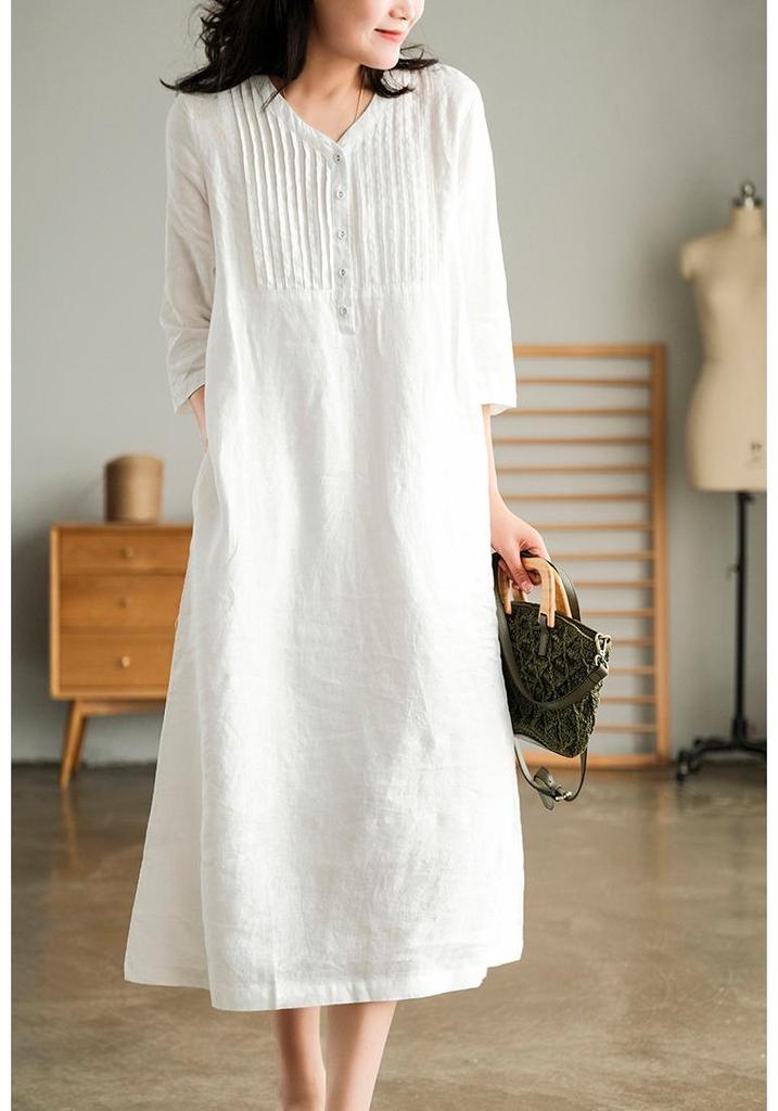 2024 Summer Artistic Loose Patchwork Cotton Linen V-Neck Mid-Length Dress with Five-Point Sleeves