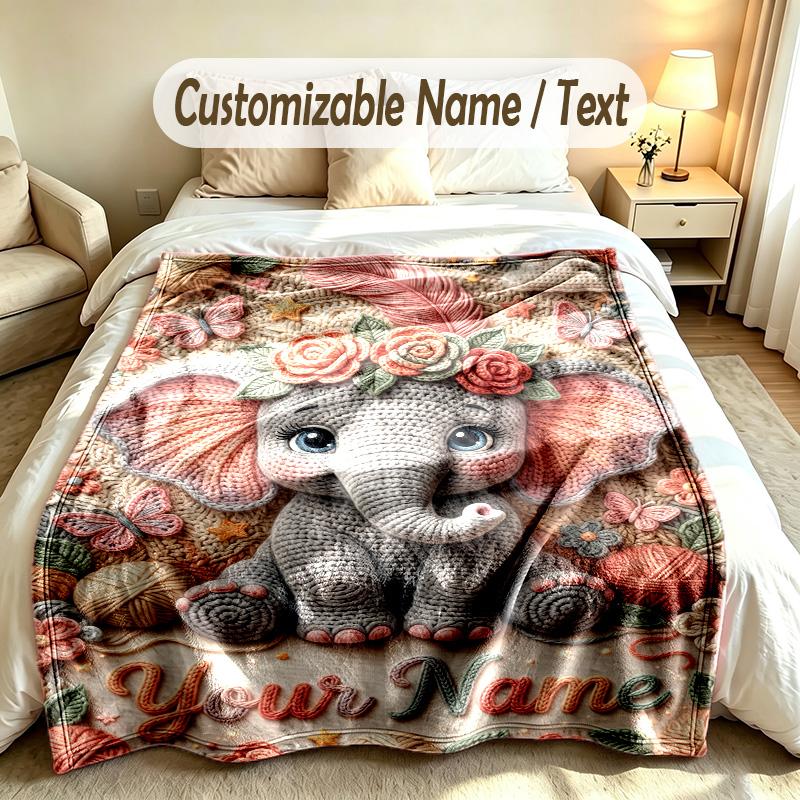 Elephant Theme Soft Blanket Personalized Custom Name Text Print Warm Blanket Home Sofa Bedroom Decor