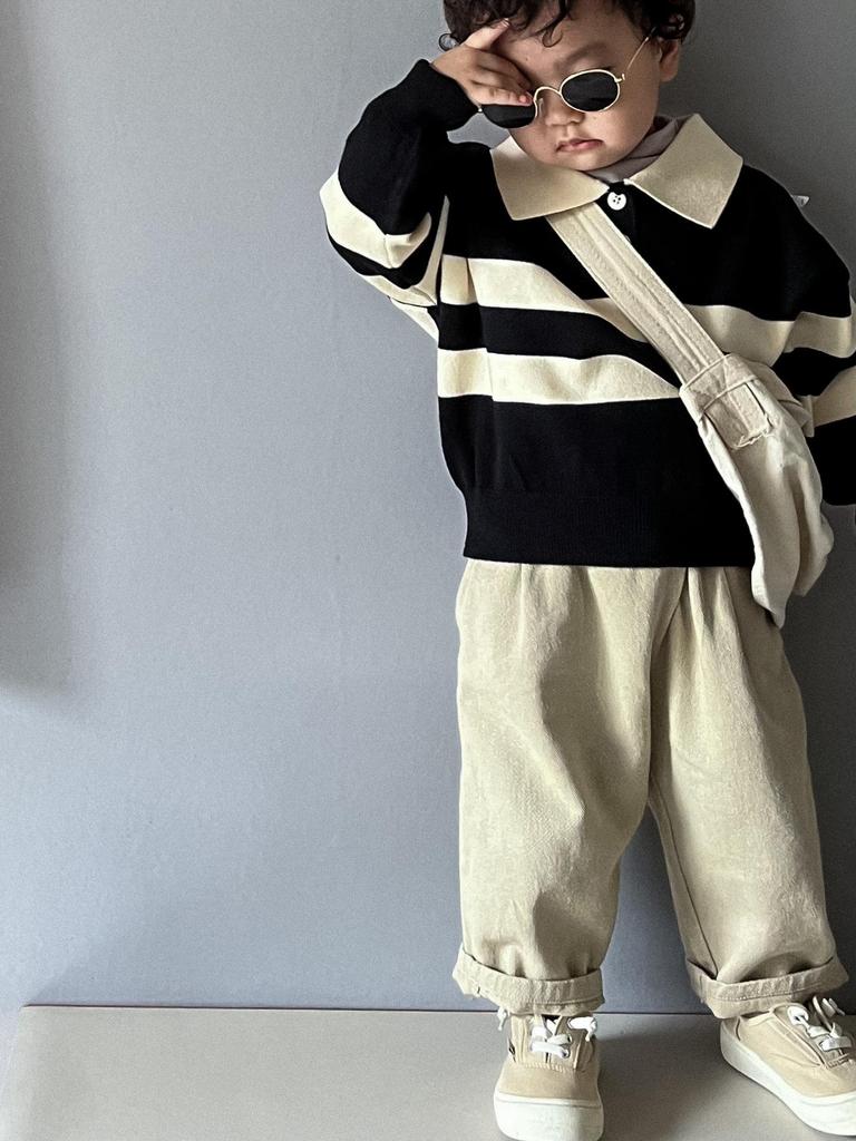 Mori Style Children's Knitted Sweater - Striped, Two-Button, Turn-Down Collar, Casual and Fashionable for Boys and Girls in Spring and Autumn.