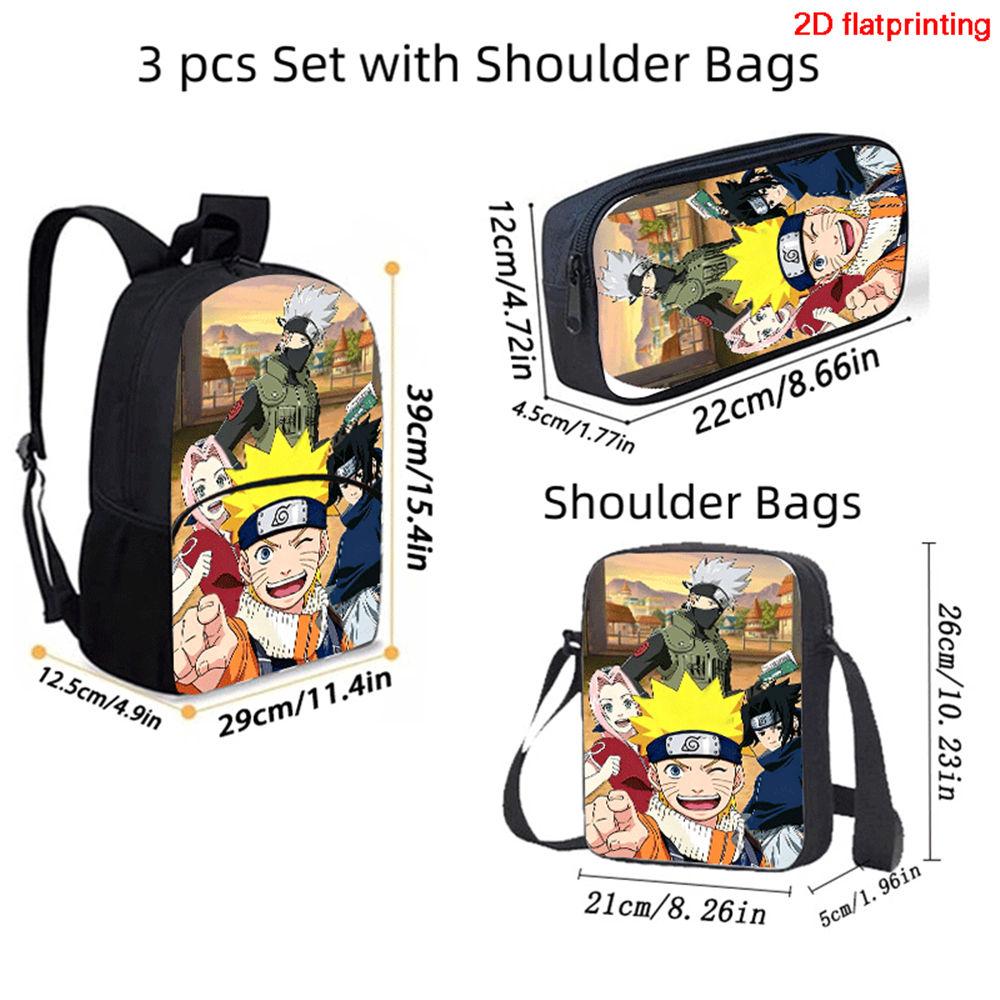 3Pcs Set School Backpack with Front Pocket, Crossbody Bag & Pencil Bag, Cartoon NARUTO, Lightweight for Boys & Girls Ages 6-10