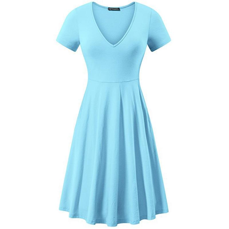 Spring and Summer Large Size Solid Color V-neck Short-sleeved Simple Loose Dress