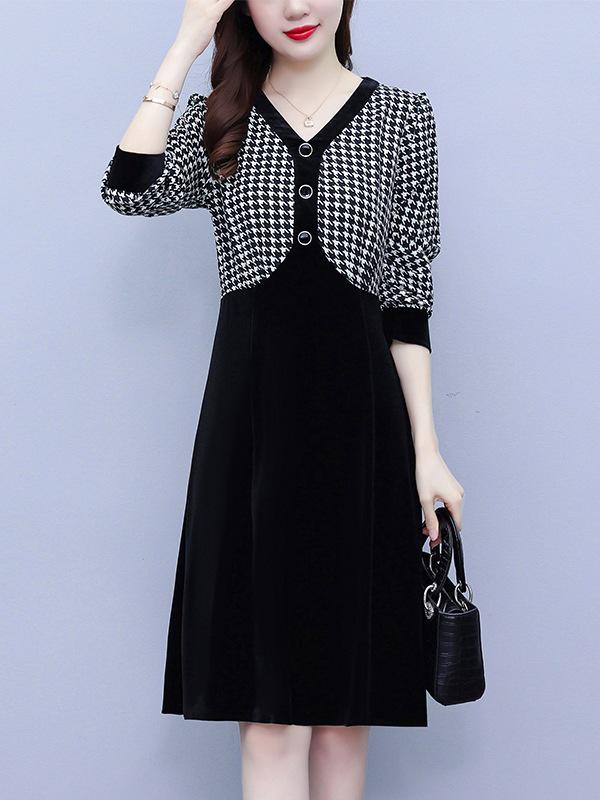 Women's Houndstooth Velvet Patchwork High Waist Midi Dress