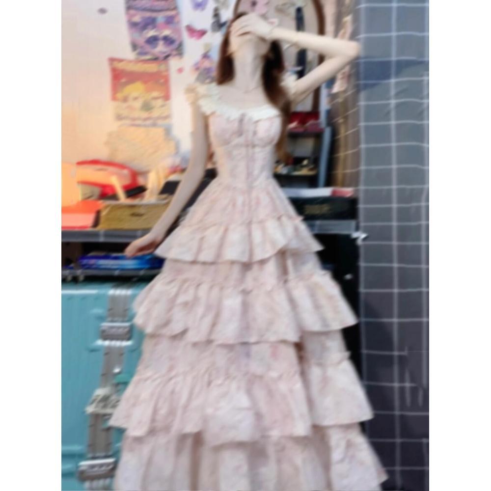 Xiaofei Sleeve Suspender Dress Women's Big Skirt Waist Seaside Holiday Super Fairy Princess Medium and Long Fluffy Cake Dress